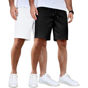 imageCOOFANDY Mens Casual Shorts Cotton Elastic Waist Drawstring Shorts Lightweight Summer Beach Shorts2 Pack  Black  White