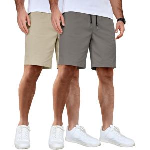 imageCOOFANDY Mens Casual Shorts Cotton Elastic Waist Drawstring Shorts Lightweight Summer Beach Shorts2 Pack  Dark Grey  Light Khaki