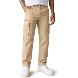imageCOOFANDY Mens Cotton Cargo Pants Relaxed Fit Elastic Waist Casual Pants Stretch Work Cargo Pant with PocketsKhaki