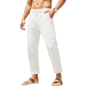 imageCOOFANDY Mens Cotton Linen Pants Elastic Waist Lightweight Casual Pants Relaxed Fit Yoga Beach Pants with Pockets01white