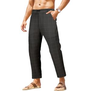 imageCOOFANDY Mens Cotton Linen Pants Elastic Waist Lightweight Casual Pants Relaxed Fit Yoga Beach Pants with PocketsBlack Plaid 