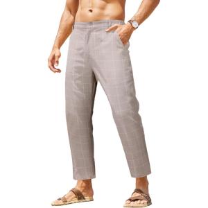 imageCOOFANDY Mens Cotton Linen Pants Elastic Waist Lightweight Casual Pants Relaxed Fit Yoga Beach Pants with PocketsGrey Plaid 