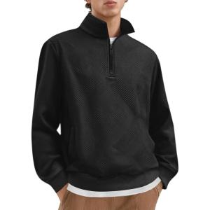 imageCOOFANDY Mens Quarter Zip Pullover Casual Long Sleeve Quilted Sweatshirt Mock Neck Polo Sweater with PocketAll Black