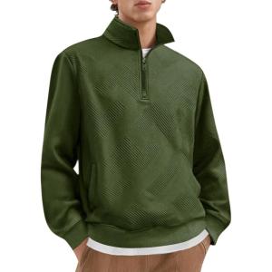 imageCOOFANDY Mens Quarter Zip Pullover Casual Long Sleeve Quilted Sweatshirt Mock Neck Polo Sweater with PocketArmy Green