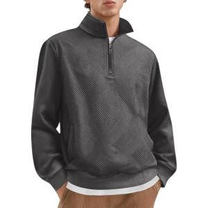 imageCOOFANDY Mens Quarter Zip Pullover Casual Long Sleeve Quilted Sweatshirt Mock Neck Polo Sweater with PocketDark Gray