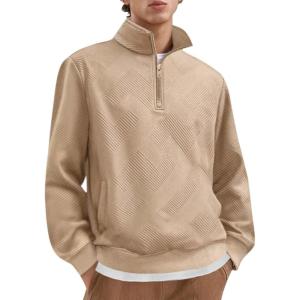 imageCOOFANDY Mens Quarter Zip Pullover Casual Long Sleeve Quilted Sweatshirt Mock Neck Polo Sweater with PocketKhaki