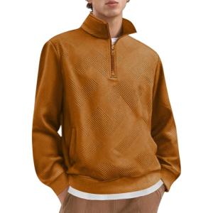 imageCOOFANDY Mens Quarter Zip Pullover Casual Long Sleeve Quilted Sweatshirt Mock Neck Polo Sweater with PocketLight Brown