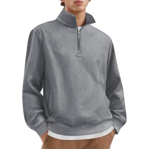imageCOOFANDY Mens Quarter Zip Pullover Casual Long Sleeve Quilted Sweatshirt Mock Neck Polo Sweater with PocketLight Grey