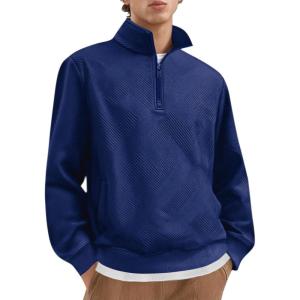 imageCOOFANDY Mens Quarter Zip Pullover Casual Long Sleeve Quilted Sweatshirt Mock Neck Polo Sweater with PocketNavy Blue