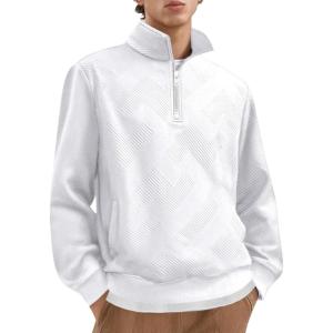 imageCOOFANDY Mens Quarter Zip Pullover Casual Long Sleeve Quilted Sweatshirt Mock Neck Polo Sweater with PocketWhite