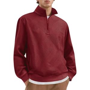 imageCOOFANDY Mens Quarter Zip Pullover Casual Long Sleeve Quilted Sweatshirt Mock Neck Polo Sweater with PocketWine Red