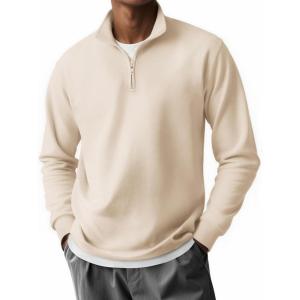 imageCOOFANDY Mens Quarter Zip Pullover Long Sleeve Casual 14 Zip Sweatshirt Lightweight Solid Shirts Regular FitBeige