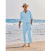 imageCOOFANDY Mens 2 Pieces Cotton Linen Set Henley Shirt Long Sleeve and Casual Beach Pants Summer Yoga OutfitsLight Blue