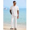 imageCOOFANDY Mens 2 Pieces Cotton Linen Sets Short Sleeve Casual Henley Shirt Summer Beach Pants Lounge Vacation Outfits SetAwhite