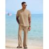 imageCOOFANDY Mens 2 Pieces Cotton Linen Sets Short Sleeve Casual Henley Shirt Summer Beach Pants Lounge Vacation Outfits SetKhaki