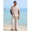 imageCOOFANDY Mens 2 Pieces Cotton Linen Sets Short Sleeve Casual Henley Shirt Summer Beach Pants Lounge Vacation Outfits SetLight Khaki