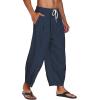imageCOOFANDY Mens Cotton Linen Harem Pants Drawstring Casual Cropped Trousers Lightweight Loose Beach Yoga Pants with PocketsNavy Blue