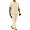 imageCOOFANDY Mens 2 Pieces Cotton Linen Sets Short Sleeve Casual Henley Shirt Summer Beach Pants Lounge Vacation Outfits SetBeige