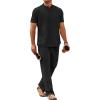 imageCOOFANDY Mens 2 Pieces Cotton Linen Sets Short Sleeve Casual Henley Shirt Summer Beach Pants Lounge Vacation Outfits SetBlack