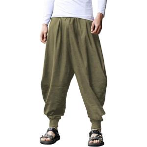 imageCOOFANDY Men Hippie Harem Pants Baggy Linen Cotton Boho Yoga Pants Summer Beach Pants Casual Drop Crotch TrouserArmy Green