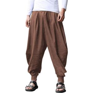 imageCOOFANDY Men Hippie Harem Pants Baggy Linen Cotton Boho Yoga Pants Summer Beach Pants Casual Drop Crotch TrouserBrown