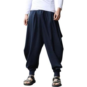 imageCOOFANDY Men Hippie Harem Pants Baggy Linen Cotton Boho Yoga Pants Summer Beach Pants Casual Drop Crotch TrouserNavy Blue