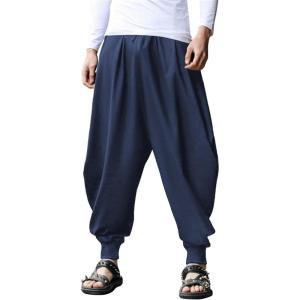 imageCOOFANDY Men Hippie Harem Pants Baggy Linen Cotton Boho Yoga Pants Summer Beach Pants Casual Drop Crotch TrouserPure Blue