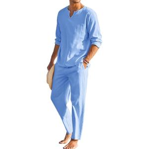 imageCOOFANDY Mens 2 Pieces Cotton Linen Set Henley Shirt Long Sleeve and Casual Beach Pants Summer Yoga OutfitsBlue