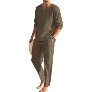 imageCOOFANDY Mens 2 Pieces Cotton Linen Set Henley Shirt Long Sleeve and Casual Beach Pants Summer Yoga OutfitsBrown