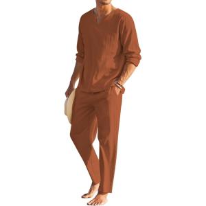 imageCOOFANDY Mens 2 Pieces Cotton Linen Set Henley Shirt Long Sleeve and Casual Beach Pants Summer Yoga OutfitsCaramel