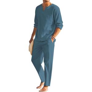 imageCOOFANDY Mens 2 Pieces Cotton Linen Set Henley Shirt Long Sleeve and Casual Beach Pants Summer Yoga OutfitsDeep Blue