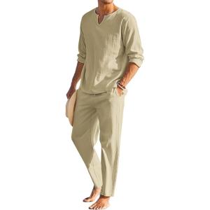 imageCOOFANDY Mens 2 Pieces Cotton Linen Set Henley Shirt Long Sleeve and Casual Beach Pants Summer Yoga OutfitsKhaki