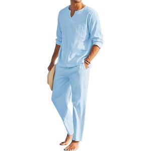 imageCOOFANDY Mens 2 Pieces Cotton Linen Set Henley Shirt Long Sleeve and Casual Beach Pants Summer Yoga OutfitsLight Blue