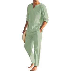 imageCOOFANDY Mens 2 Pieces Cotton Linen Set Henley Shirt Long Sleeve and Casual Beach Pants Summer Yoga OutfitsLight Green
