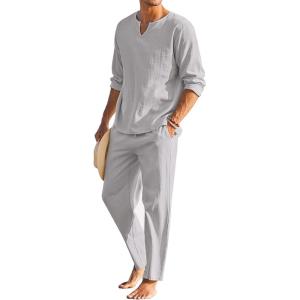 imageCOOFANDY Mens 2 Pieces Cotton Linen Set Henley Shirt Long Sleeve and Casual Beach Pants Summer Yoga OutfitsLight Grey