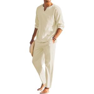 imageCOOFANDY Mens 2 Pieces Cotton Linen Set Henley Shirt Long Sleeve and Casual Beach Pants Summer Yoga OutfitsLight Khaki