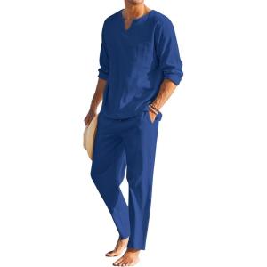 imageCOOFANDY Mens 2 Pieces Cotton Linen Set Henley Shirt Long Sleeve and Casual Beach Pants Summer Yoga OutfitsRoyal Blue