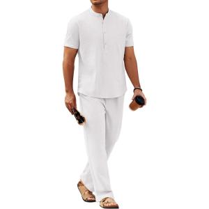 imageCOOFANDY Mens 2 Pieces Cotton Linen Sets Short Sleeve Casual Henley Shirt Summer Beach Pants Lounge Vacation Outfits SetAwhite
