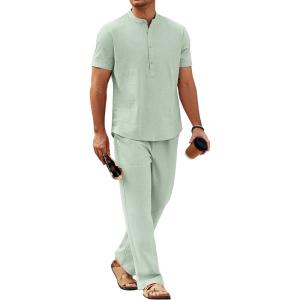 imageCOOFANDY Mens 2 Pieces Cotton Linen Sets Short Sleeve Casual Henley Shirt Summer Beach Pants Lounge Vacation Outfits SetLight Green