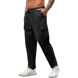 imageCOOFANDY Mens Cargo Pants Relaxed Fit Casual Linen Pants Drawstring Sweatpants with 6 PocketsBlack