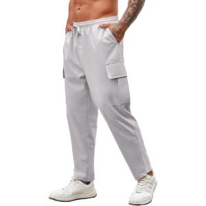 imageCOOFANDY Mens Cargo Pants Relaxed Fit Casual Linen Pants Drawstring Sweatpants with 6 PocketsLight Grey
