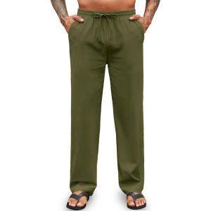 imageCOOFANDY Mens Casual Cotton Pants Elastic Waist Drawstring Linen Beach Summer Pants Lightweight Yoga TrousersArmy Green