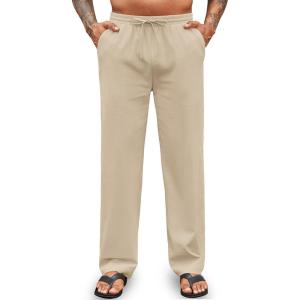 imageCOOFANDY Mens Casual Cotton Pants Elastic Waist Drawstring Linen Beach Summer Pants Lightweight Yoga TrousersBeige