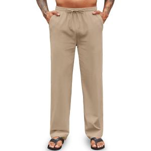 imageCOOFANDY Mens Casual Cotton Pants Elastic Waist Drawstring Linen Beach Summer Pants Lightweight Yoga TrousersKhaki