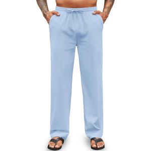 imageCOOFANDY Mens Casual Cotton Pants Elastic Waist Drawstring Linen Beach Summer Pants Lightweight Yoga TrousersLight Blue