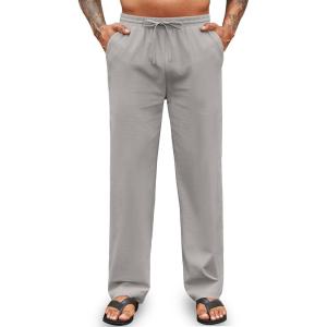 imageCOOFANDY Mens Casual Cotton Pants Elastic Waist Drawstring Linen Beach Summer Pants Lightweight Yoga TrousersLight Grey