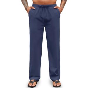 imageCOOFANDY Mens Casual Cotton Pants Elastic Waist Drawstring Linen Beach Summer Pants Lightweight Yoga TrousersNavy Blue