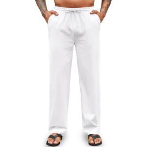 imageCOOFANDY Mens Casual Cotton Pants Elastic Waist Drawstring Linen Beach Summer Pants Lightweight Yoga TrousersWhite