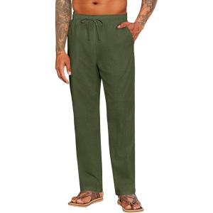 imageCOOFANDY Mens Casual Linen Pants Elastic Waist Drawstring Beach Summer Pants Lightweight Linen TrousersArmy Green