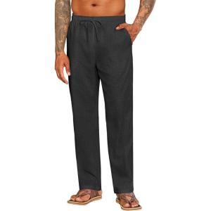 imageCOOFANDY Mens Casual Linen Pants Elastic Waist Drawstring Beach Summer Pants Lightweight Linen TrousersBlack
